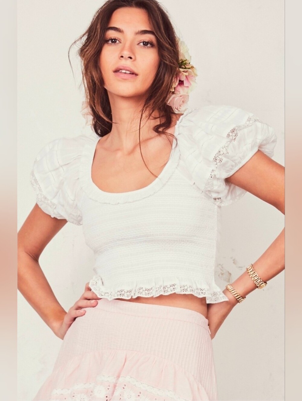 LoveShackFancy Molly Mocked White Puff Sleeve Lace Crop Top Size XS